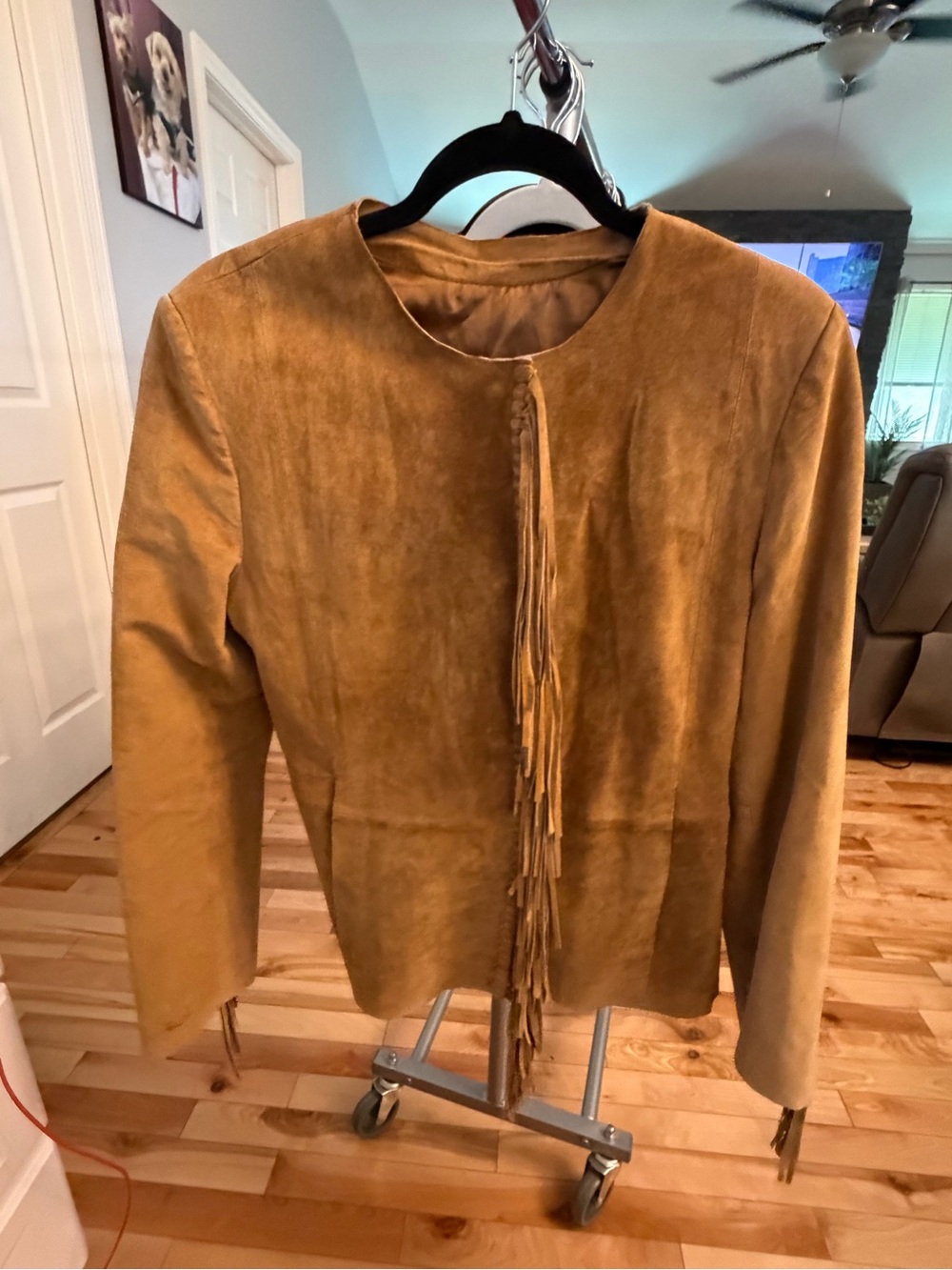 Fringe-Trim Suede Jacket in Tan